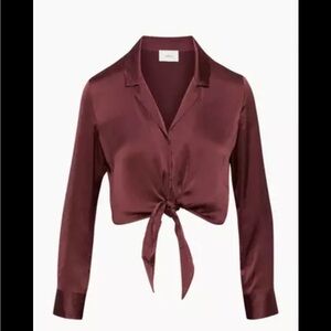 Aritzia Top Small Womens Wilfred Brown Satin Tie Front Long Sleeve Button Blouse